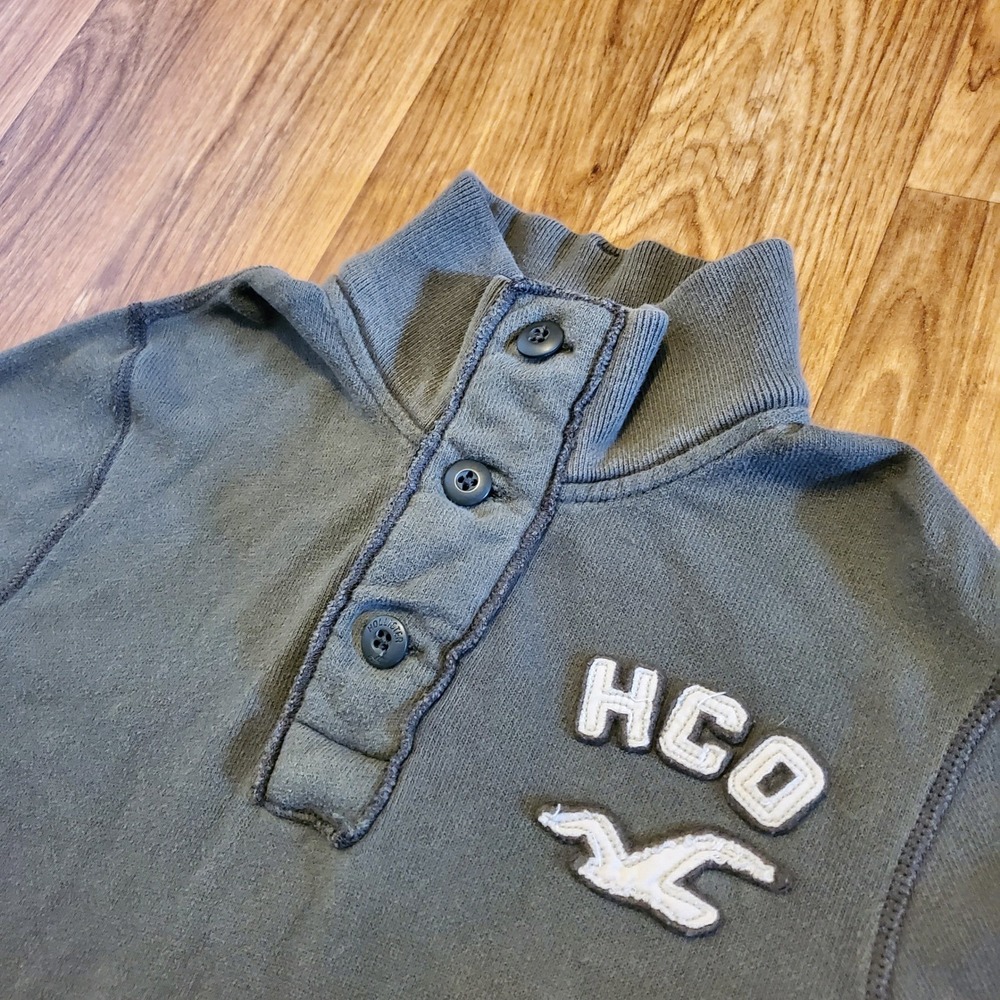 Vintage Hollister Sweater Men Small Green Mock Neck Long Sleeve Big Button Y2K